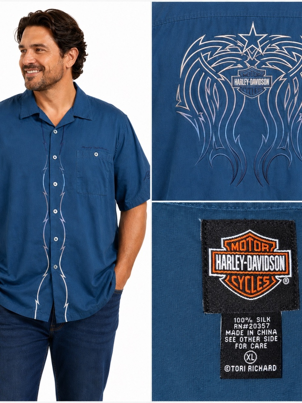 Harley-Davidson X Tori Richard 100% Silk Mens Shirt Teal Blue Embroidery Biker